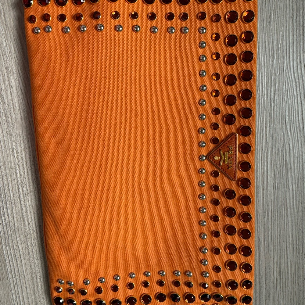 Prada Orange Canvas Crystal Studded Canapa Clutch